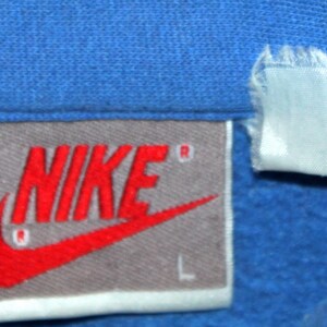 May include: Close-up of a blue garment with a Nike label. The label is rectangular with the Nike logo in red and the brand name in red. The size "L" is printed in white. A white tag is attached to the garment.