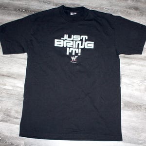 Vintage 90s Clothing Pro Wrestling WWF WWE Dwayne Johnson the Rock Men Size Large Retro 1999 2000 Just Bring It Print Short Sleeve T Shirt