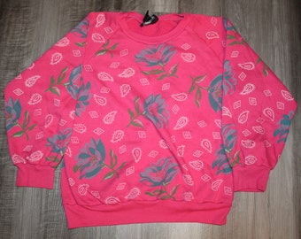 Vintage 80s 90s Clothing Paisley Floral Hot Pink Men Size Small / Oversized Womens Retro Flowers Print Thin Long Sleeve Crewneck Sweatshirt