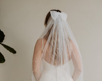 Soft Beaded Pearl Bow Veil, Raw Edge, Bridal Wedding Veil, 62" Wide, Pearly, Studded Bow  - White & Light Ivory