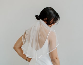 Soft Shoulder Single Tier 1T Wedding Veil with Fine Satin Ribbon Trim Edge 20" Long - Available in White or Light Ivory