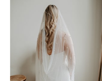 Soft Beaded Pearl Drape Wedding Veil, Cathedral, Chapel, Floor, Bridal, Wedding Veils, Simple, Boho, Bohemian Veil, White, Light Ivory