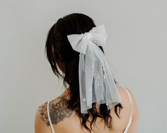 Soft Beaded Pearl Veil Hair Bow, Simple Raw Edge, Bridal Wedding Bow, Pearly, Studded  - White & Light Ivory