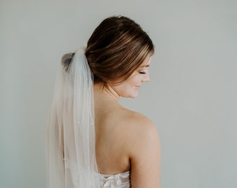 Soft Scattered Pearl Border Veil, Raw Edge, Bridal Wedding Veil, 72" Wide, Pearly, Studded, Flat Back - White & Light Ivory