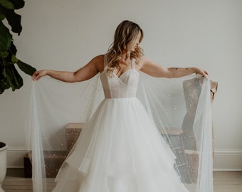 Soft Beaded Pearl Angel Wings Veil Detachable Raw Edge Bridal Wedding Cape Waltz, Floor, Chapel  - White or Light Ivory