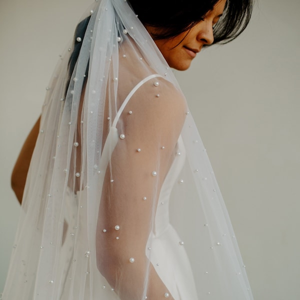 BEST PRICE! Soft Beaded Pearl Veil, Raw Edge, Bridal Wedding Veil, 62" Wide, Pearly, Studded  - White & Light Ivory