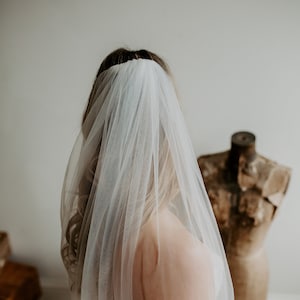 以下が含まれることがあります： 長いブロンドの髪をした人が着用している、チュール製の白いブライダルベール。ベールは人の頭と肩にかけられており、ベールの端は繊細なレースで縁取られています。