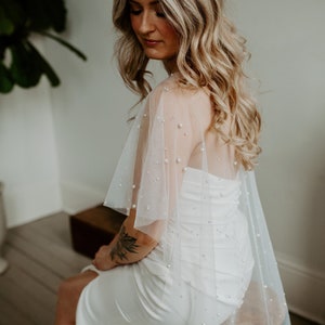 Soft Beaded Pearl Cape, Raw Edge, Bridal Wedding Veil, 62&quot; Wide, Capelet, Scattered, Pearly, Cover, Poncho, Studded  - White & Light Ivory