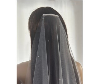 Soft Scattered Pearls MINIMAL Veil, Raw Edge, Bridal Wedding Veil, 72&quot; Wide, Pearly, Barely There, Studded, Flat Back - White & Light Ivory