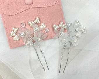 2 Handgefertigte Blumen Perlen Haarnadeln, Silber Hochzeit Haarteil, Braut Haarnadeln, Florale Haarnadeln