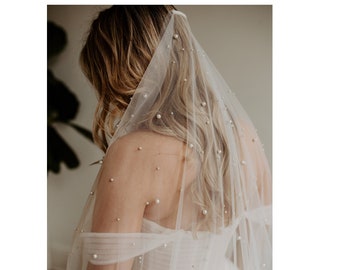 Soft Beaded Pearl Minimal Veil, Raw Edge, Bridal Wedding Veil, 62&quot; Wide, Pearly, Studded, Barely There  - White & Light Ivory