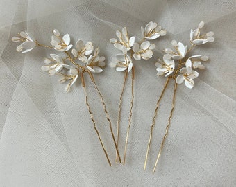 3 forcine per capelli con perline floreali fatte a mano, oro, pezzo di capelli da sposa, forcine per capelli da sposa, forcine per capelli, bianco