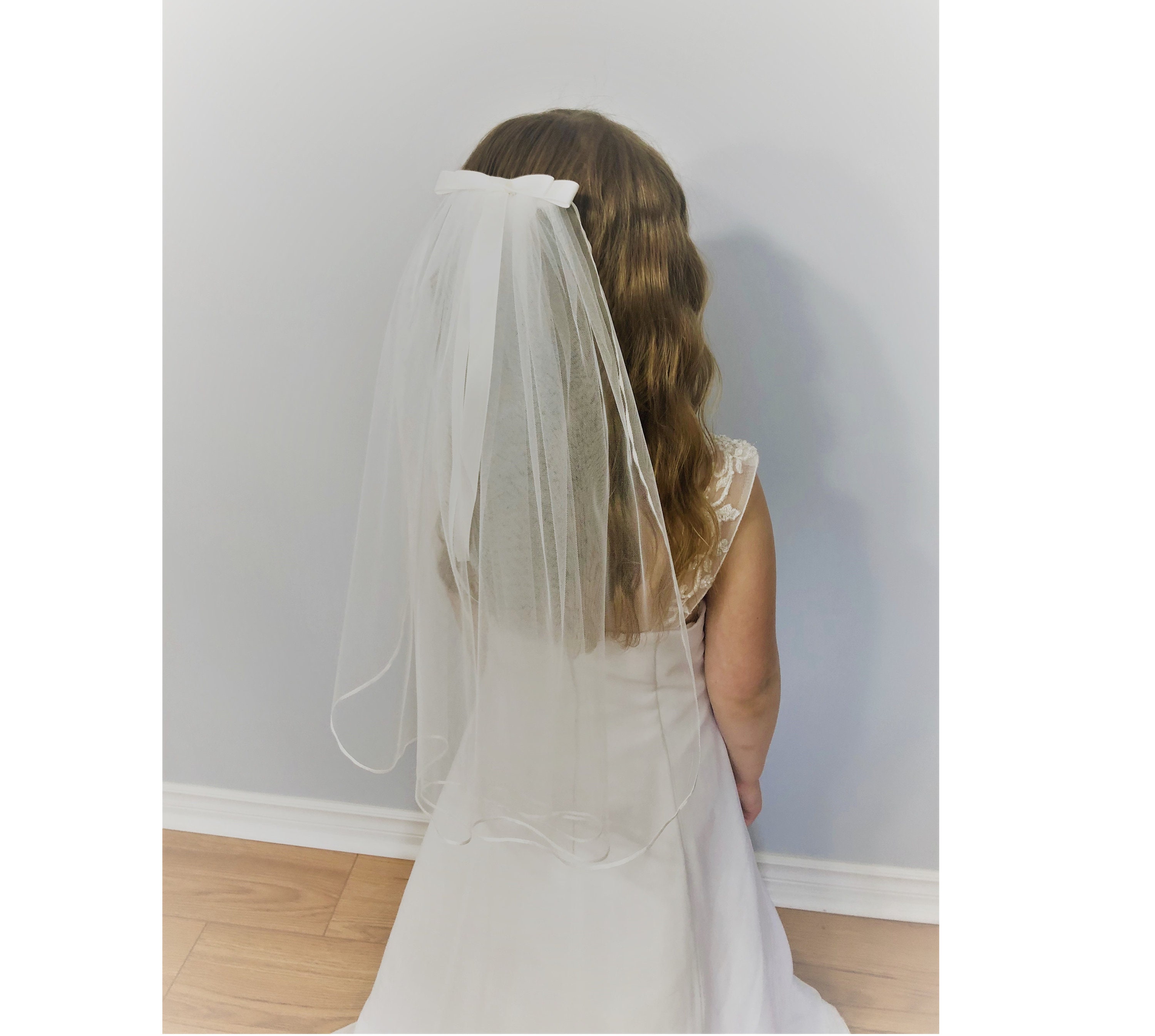 Bridal Bride Wedding Veil Communion comb headpiece white lace trim tulle  28”