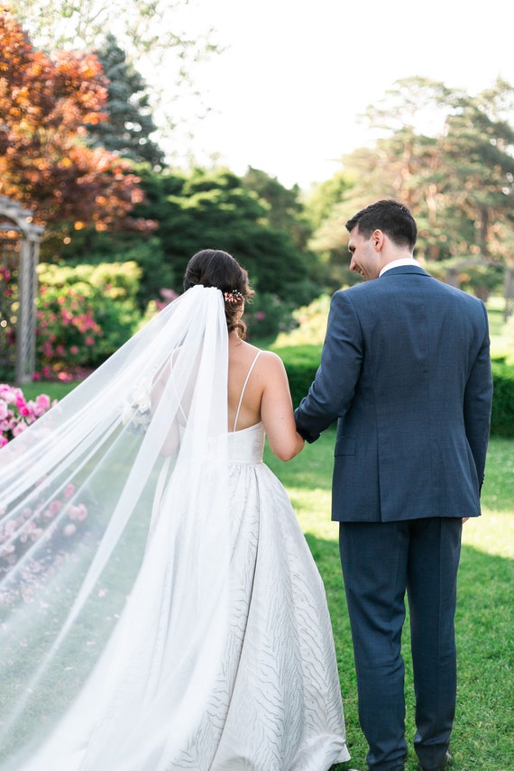 Cathedral Veil with 1/8 Satin Ribbon Trim |  White / 108 Inches