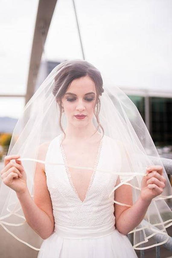2T White Bridal Elbow Length 1/4" Ribbon Edge Wedding Veil