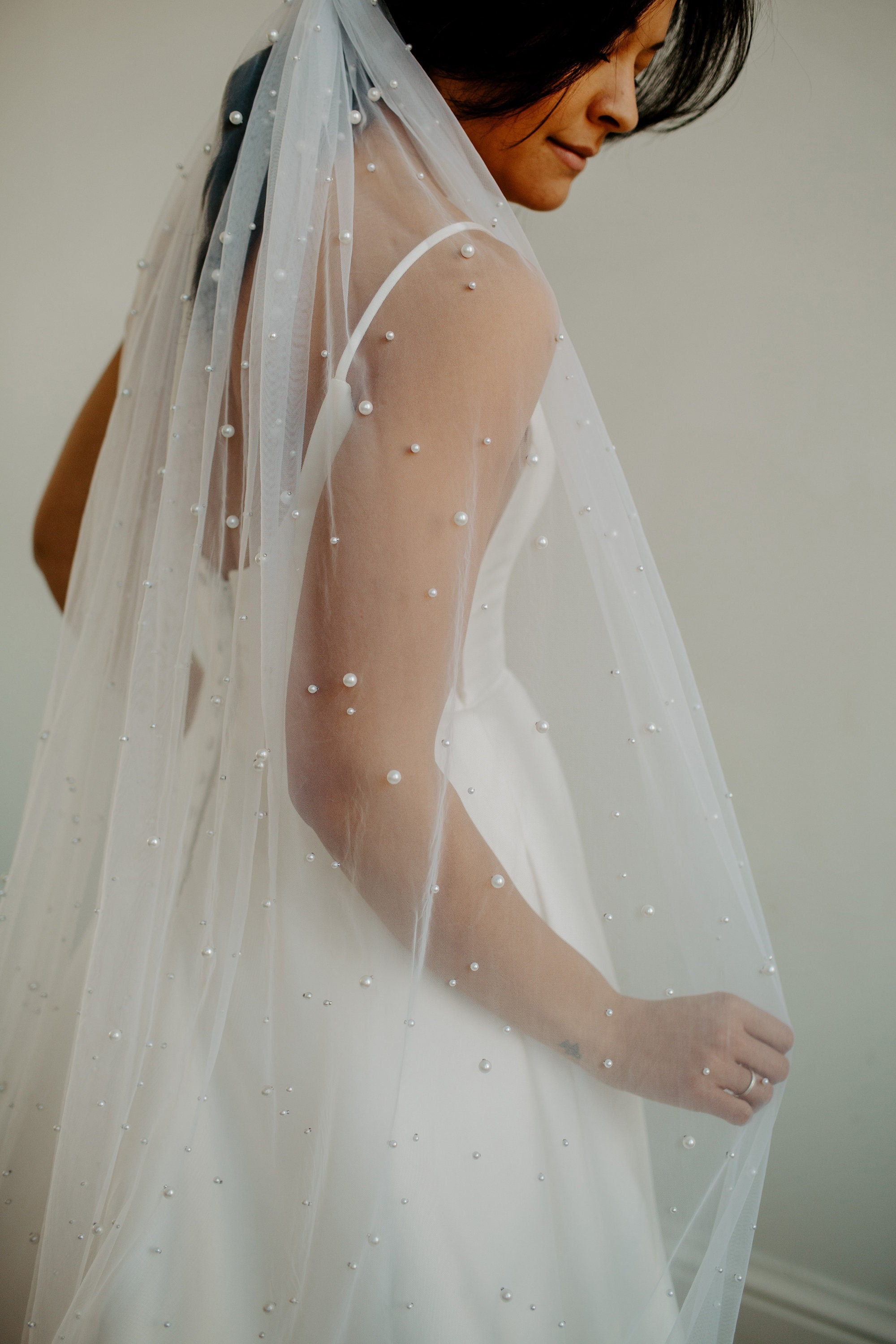 BEST PRICE! Soft Beaded Pearl Veil, Raw Edge, Bridal Wedding Veil, 62" Wide, Pearly, Studded  - White & Light Ivory