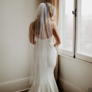 May include: A bride wearing a white wedding dress with a long veil, standing in front of a window.