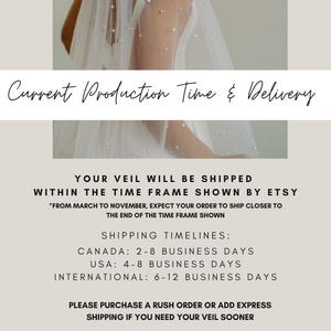 Pu&ograve; includere: Un velo da sposa con decorazioni di perle sparse. Il testo "Current Production Time & Delivery" &egrave; visualizzato sopra le informazioni di spedizione. Il testo indica che il velo verr&agrave; spedito entro il lasso di tempo indicato da Etsy.