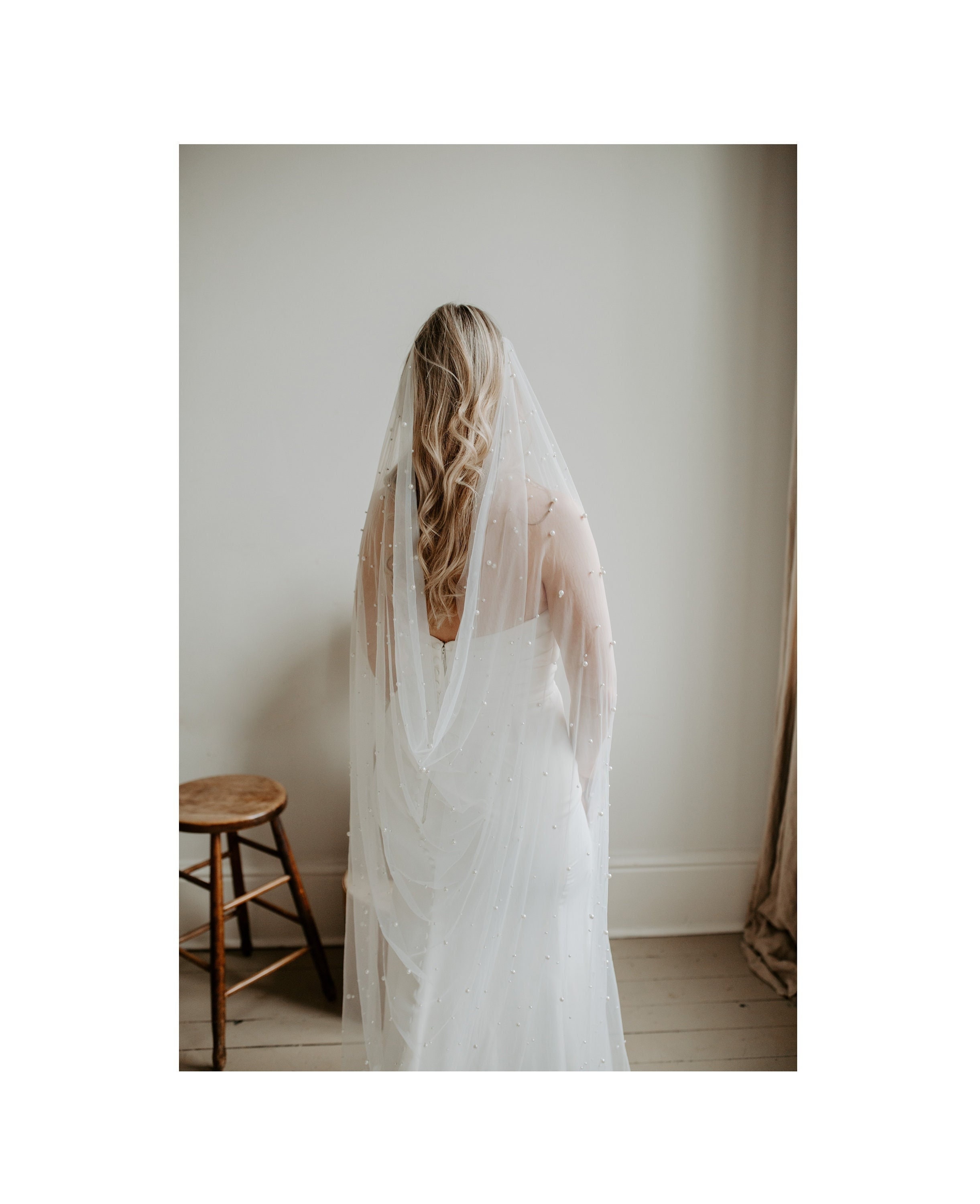Soft Beaded Pearl Drape Wedding Veil, Cathedral, Chapel, Floor, Bridal, Wedding Veils, Simple, Boho, Bohemian Veil, White, Light Ivory