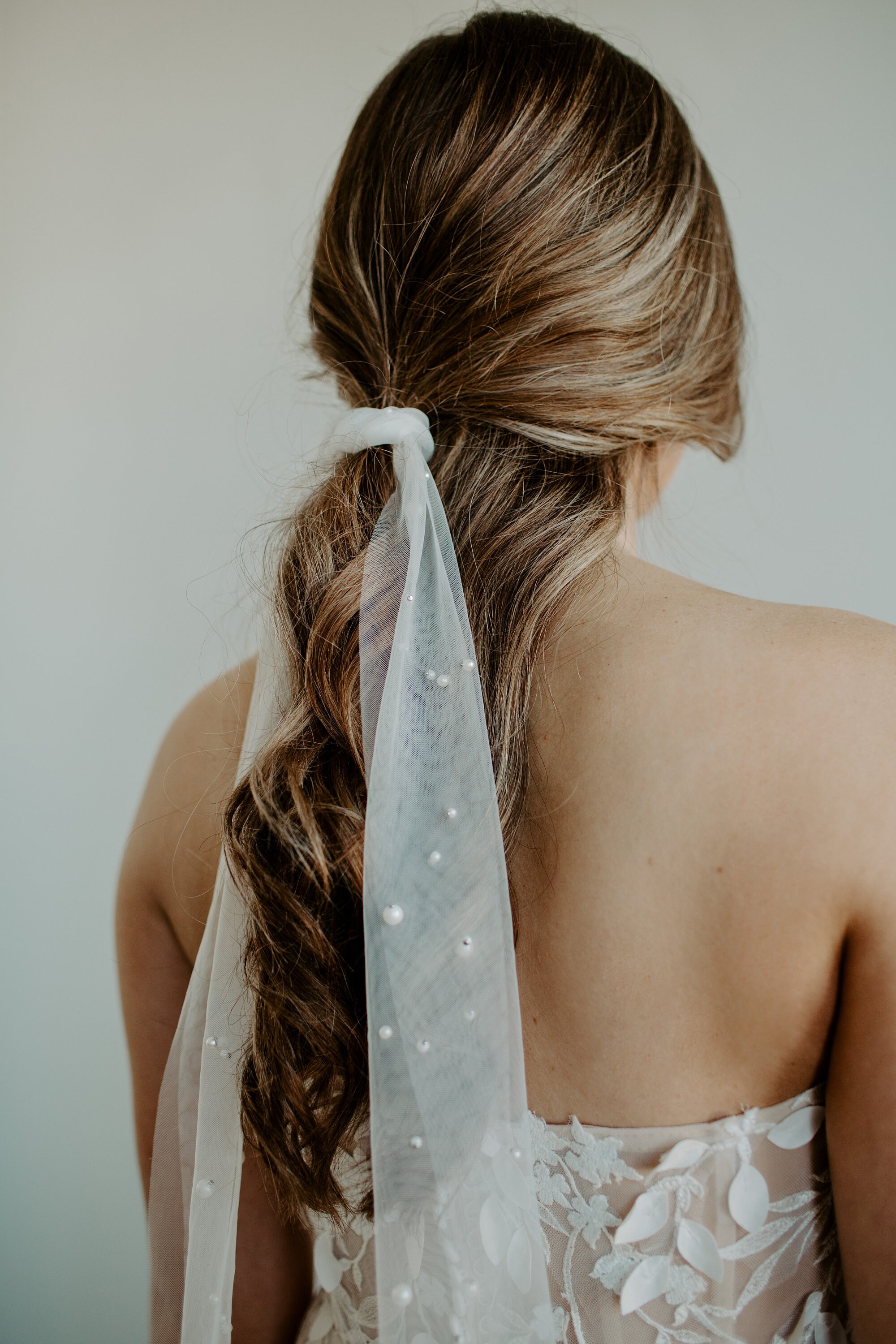 One Blushing Bride Ponytail Wedding Veil Hair Tie with Scattered Pearls, White Ivory White