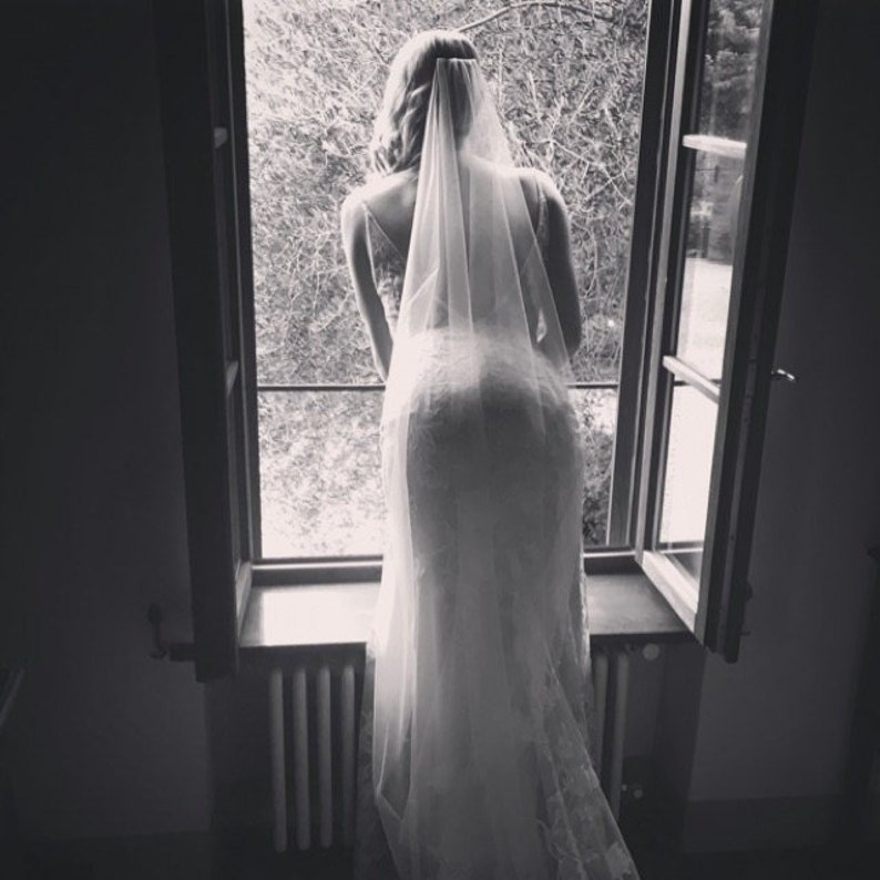 Soft MINIMALIST Cathedral Raw Edge Bridal Wedding Bridal Veil with Soft Tulle 108 Long on Silver Comb Ivory White or Light Ivory
