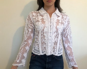 Vintage white lace embroidered button up blouse