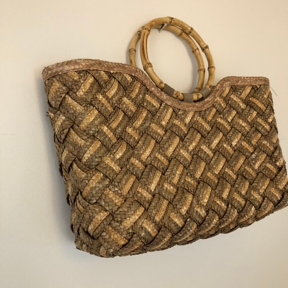 Bamboo straw purse beach bag market tote canvas li