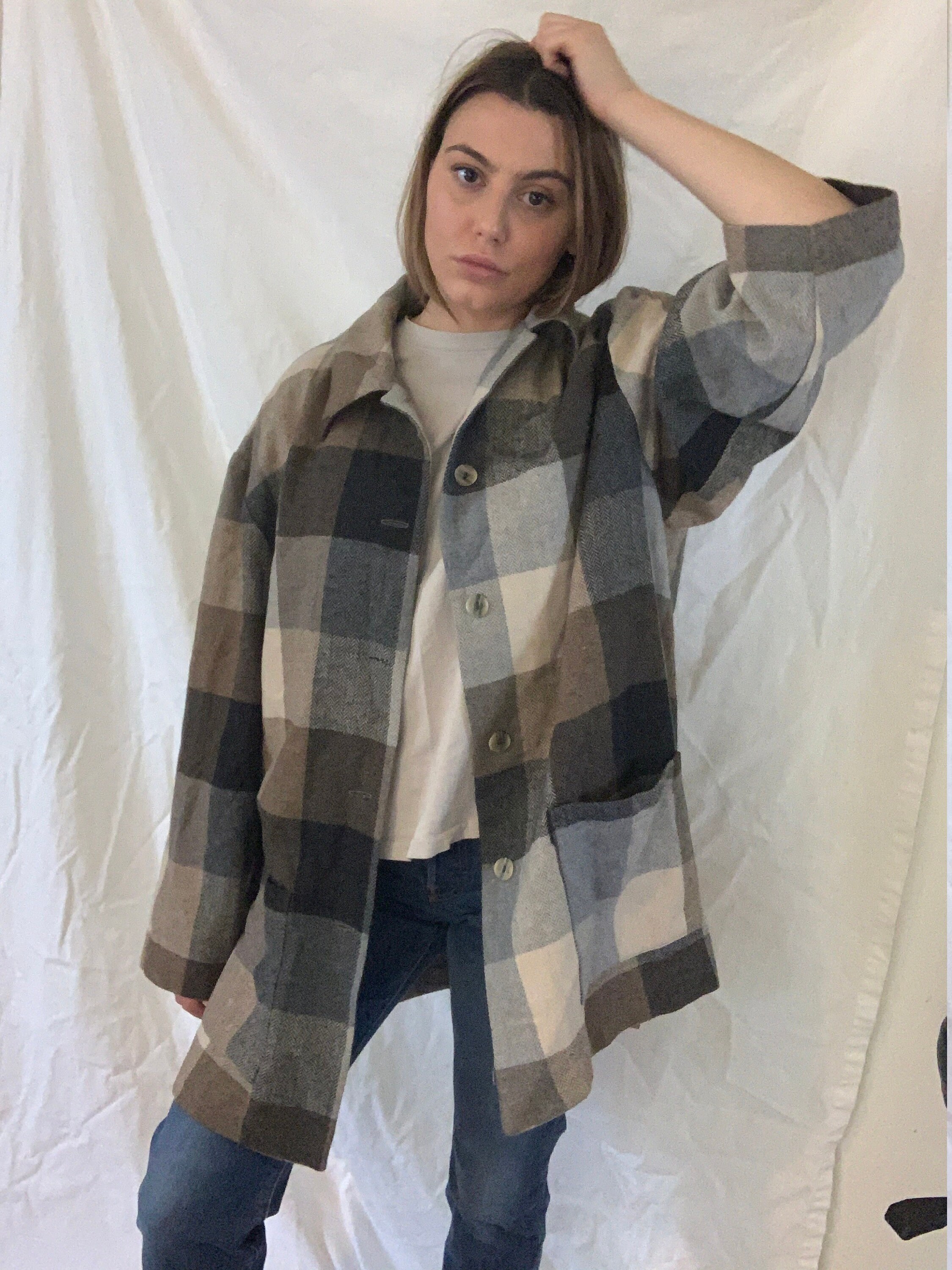 VINTAGE Shacket neutral toned plaid overshirt | Etsy