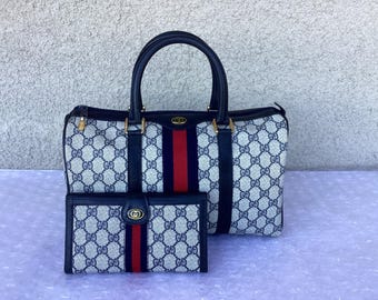 Vintage Gucci Doctor Boston Bag with Matching Wallet Blue Canvas Good Preowned Condition