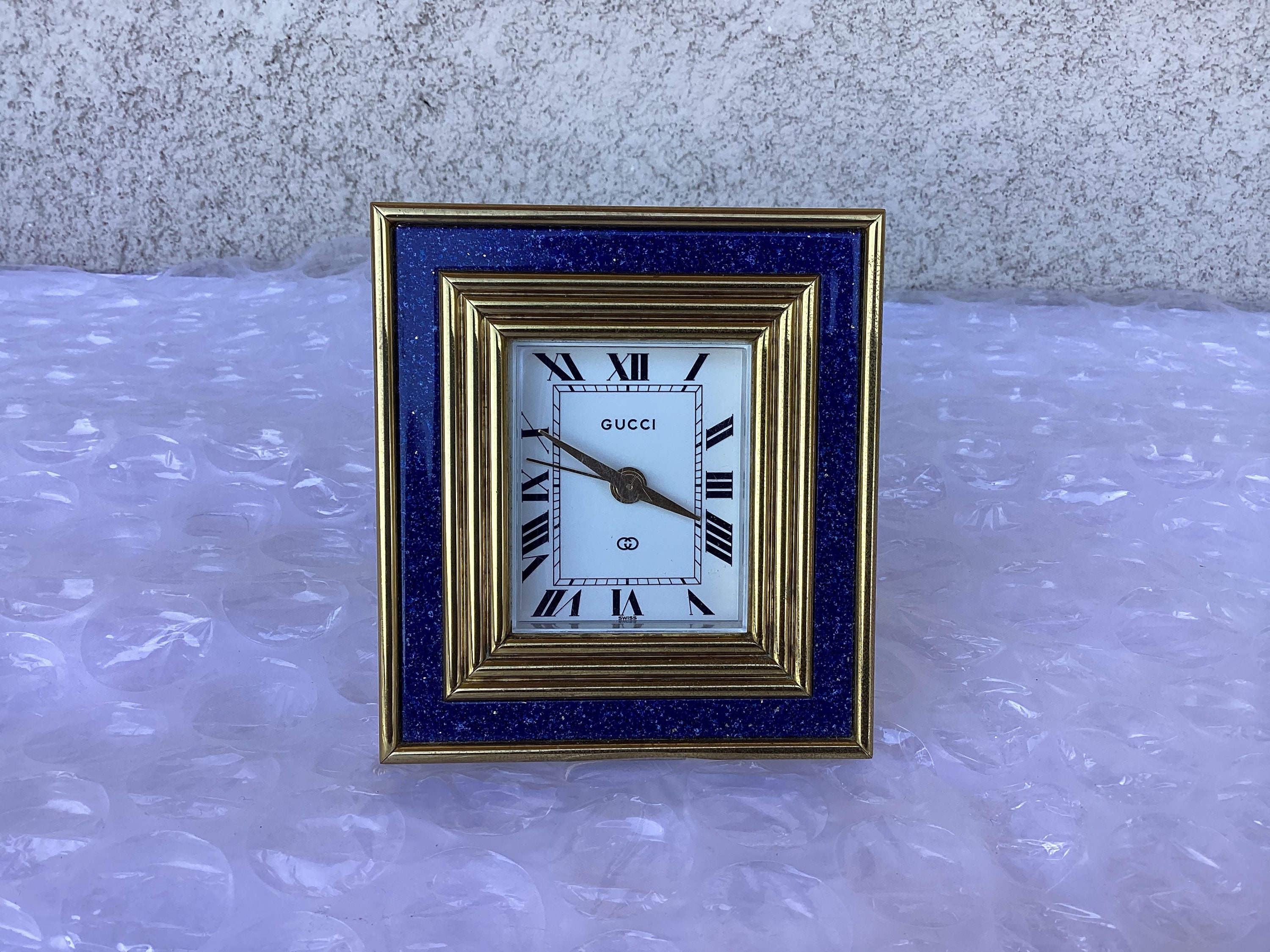 GUCCI Halcyon Days 置時計 Vintage Gucci Blue Lapis Brass 8 Day Alarm and Table Clock Used