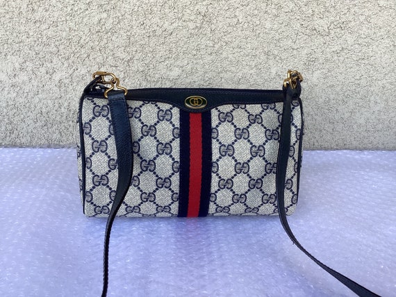 Old 1990s Vintage Gucci Small Crossbody Bag Web Blue Canvas 