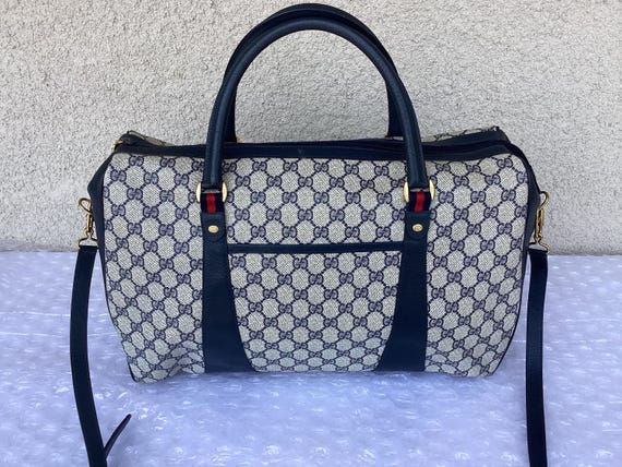 Vintage 1980s Gucci Boston Bag, Blue Coated Canvas Tote With Strap