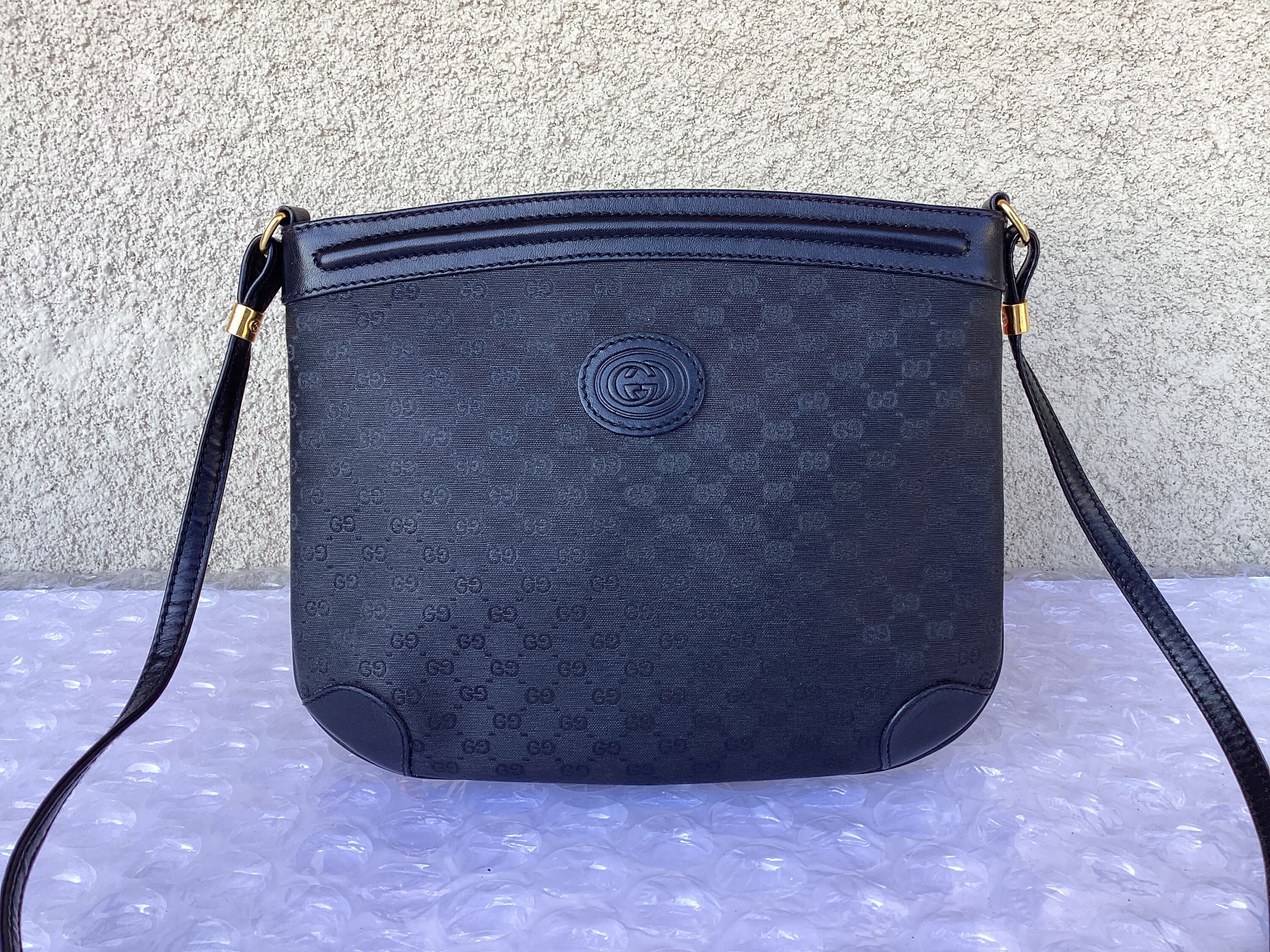 Gucci Black Leather and Logo Canvas Cross Body Handbag 1980s