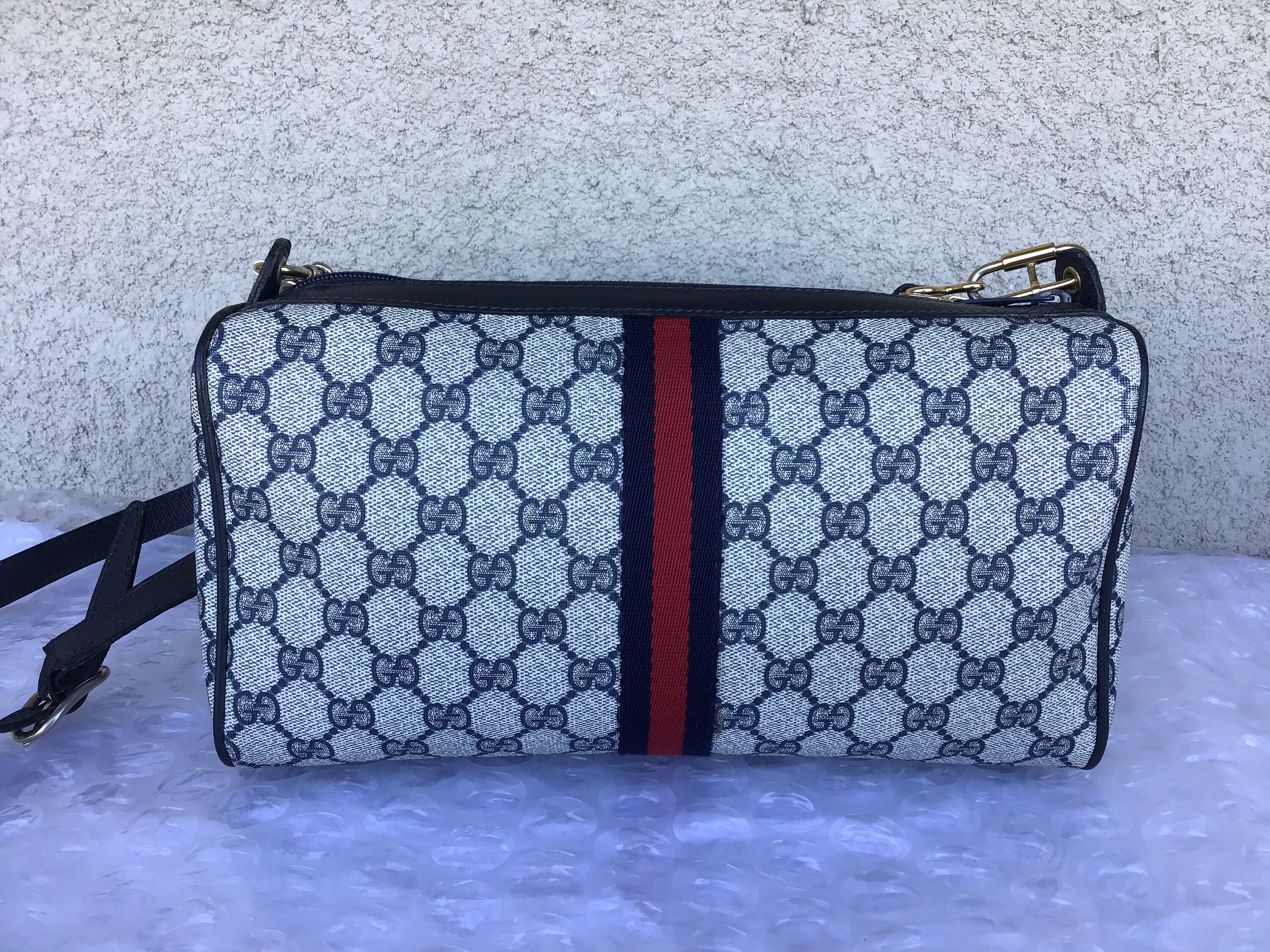 Vintage Old Gucci Shoulder Crossbody Bag Blue Canvas Blue Canvas 