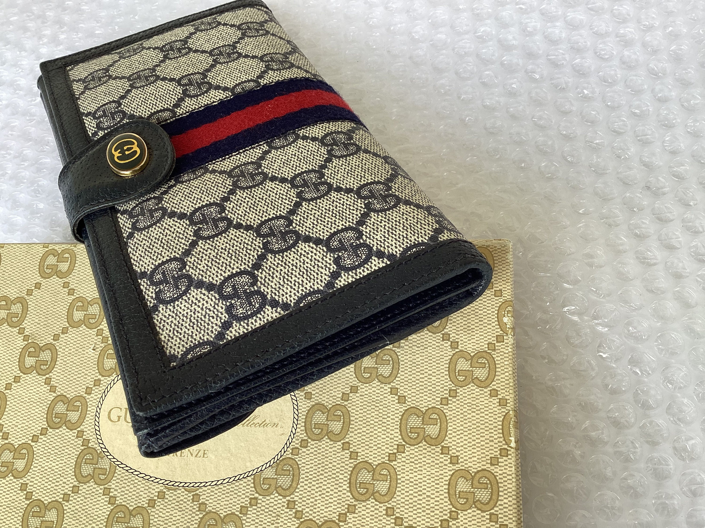1990's Old Vintage Gucci Long Trifold Wallet Web Blue Canvas