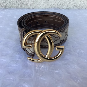 Vintage Gucci Gold Tone GG Belt Buckle and Brown Canvas Belt Good Preowned Condition