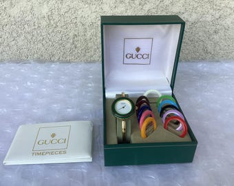 Vintage Gucci 11/12.2 Interchangeable Bezel Bangle Watch Gold Tone Petite 6” Near Mint Preowned Condition