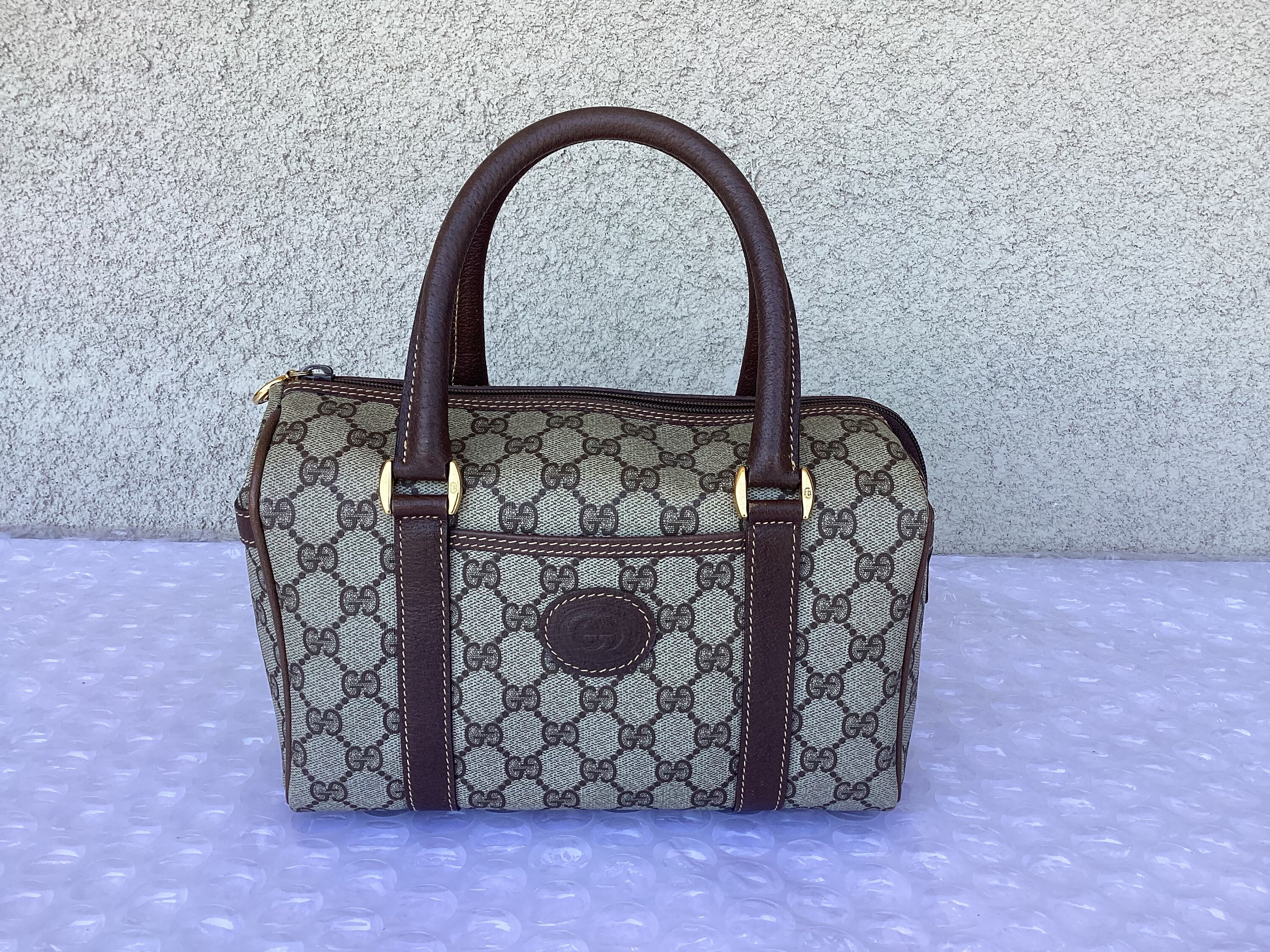 Vintage Old Gucci Doctor Bag Brown Canvas Preowned Condition