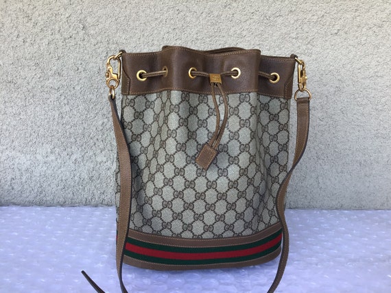 Gucci Vintage Brown Monogram Canvas Leather Red Green Stripe Large Shoulder  Bag