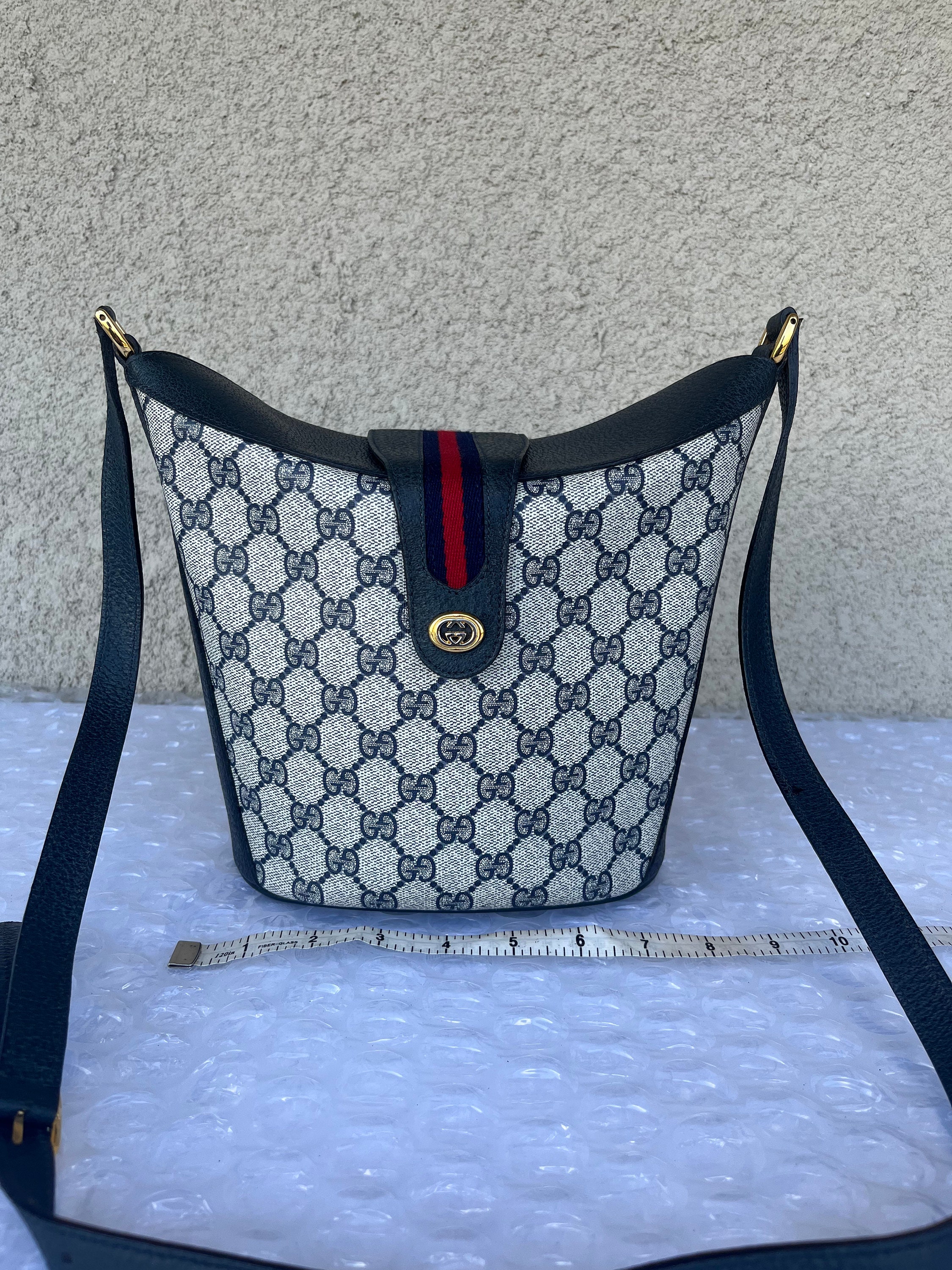 Vintage Gucci Small Shoulder Bucket Bag Blue Canvas Good Preowned