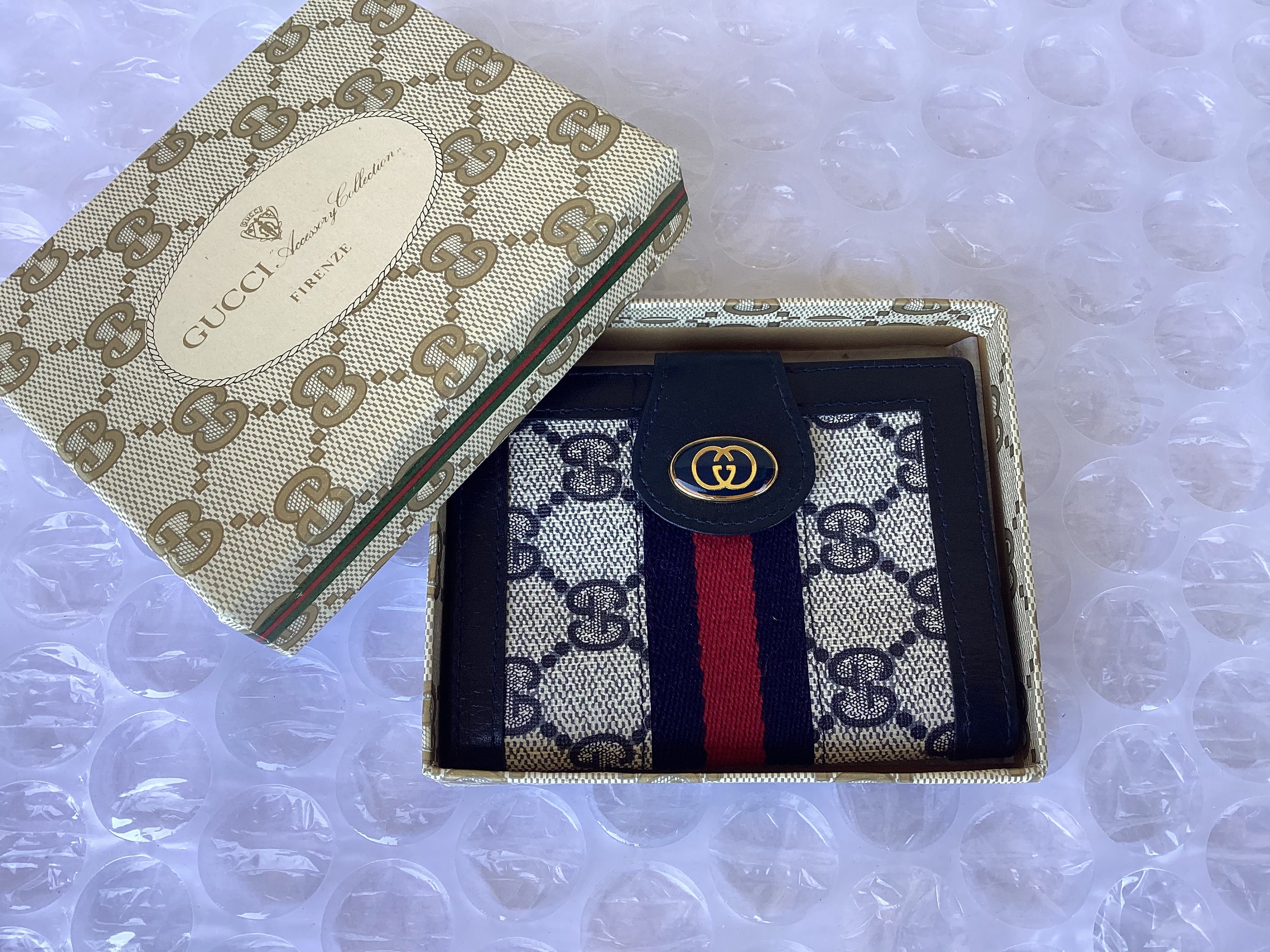 Vintage Old Gucci Photo Card Holder Web Blue Canvas Great -  Finland