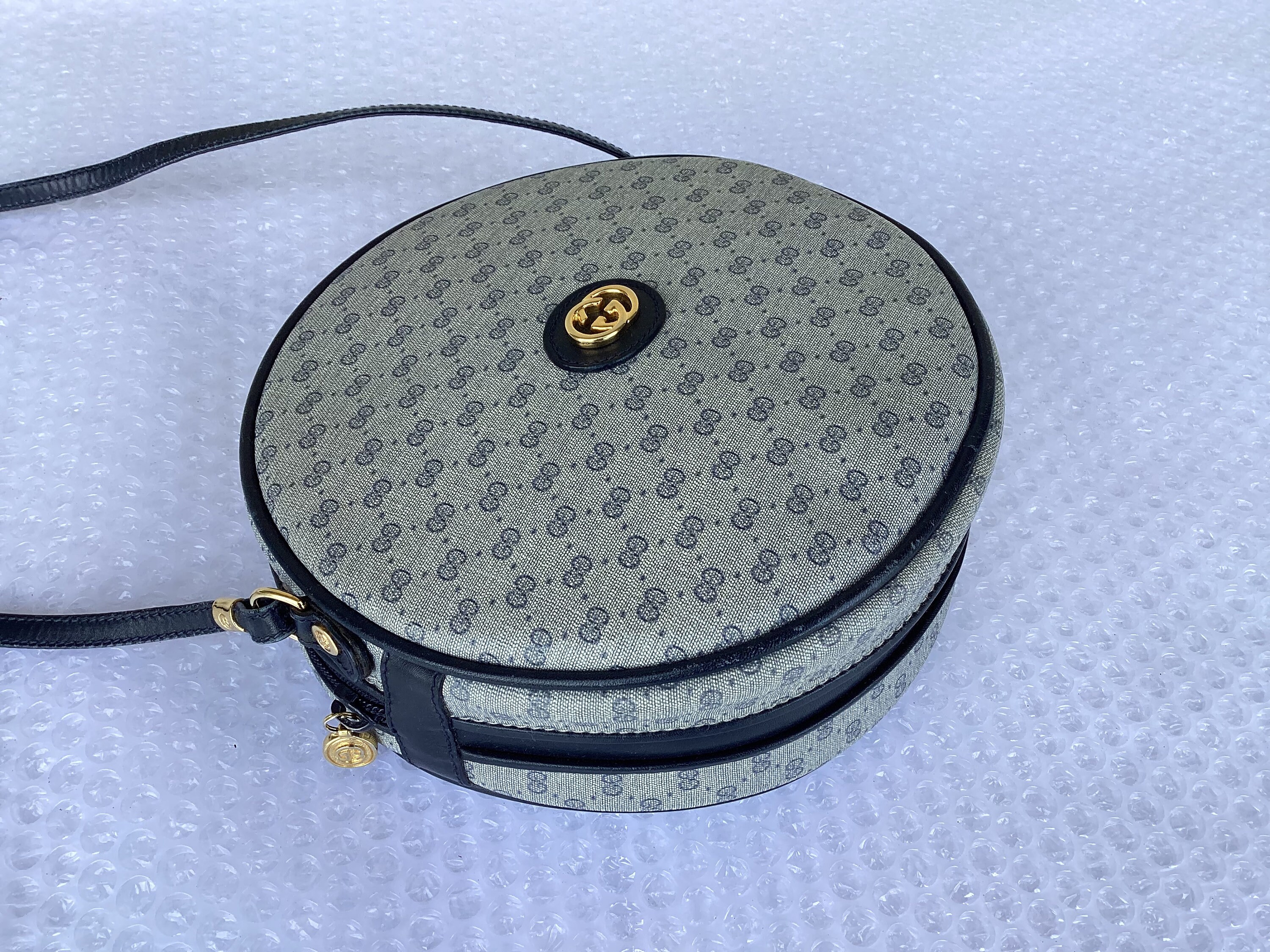 Old 1990s Vintage Gucci Round Canteen Bag Blue Micro GG -  Sweden