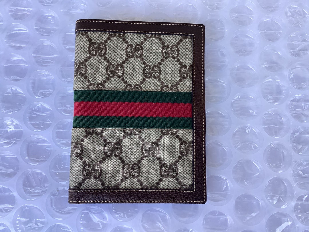 Vintage Old Gucci Passport Holder Wallet Web Brown Canvas Great