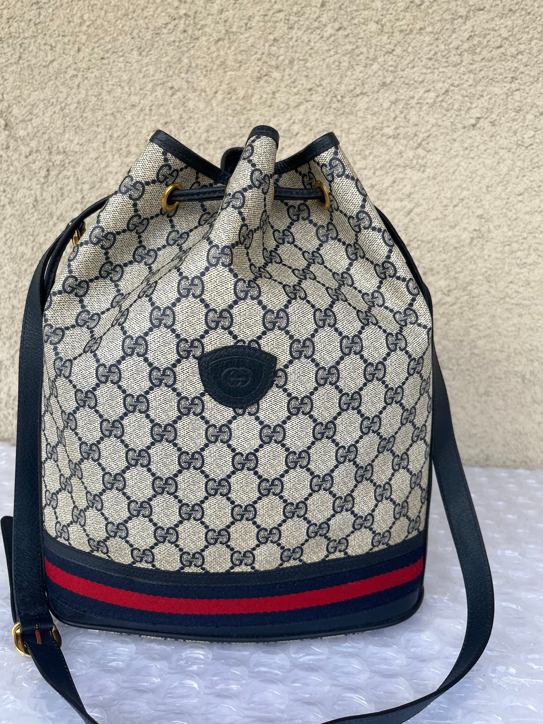 Vintage Gucci Large Bucket Bag Blue Canvas Great Exterior