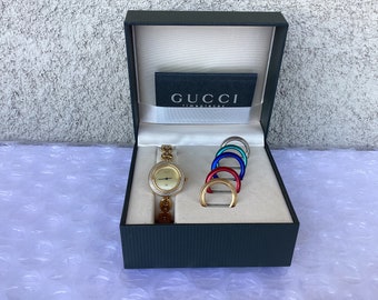 Vintage Gucci Interchangeable Bezel Bracelet Watch Gold Tone Rare Gold Dial Good Preowned Condition