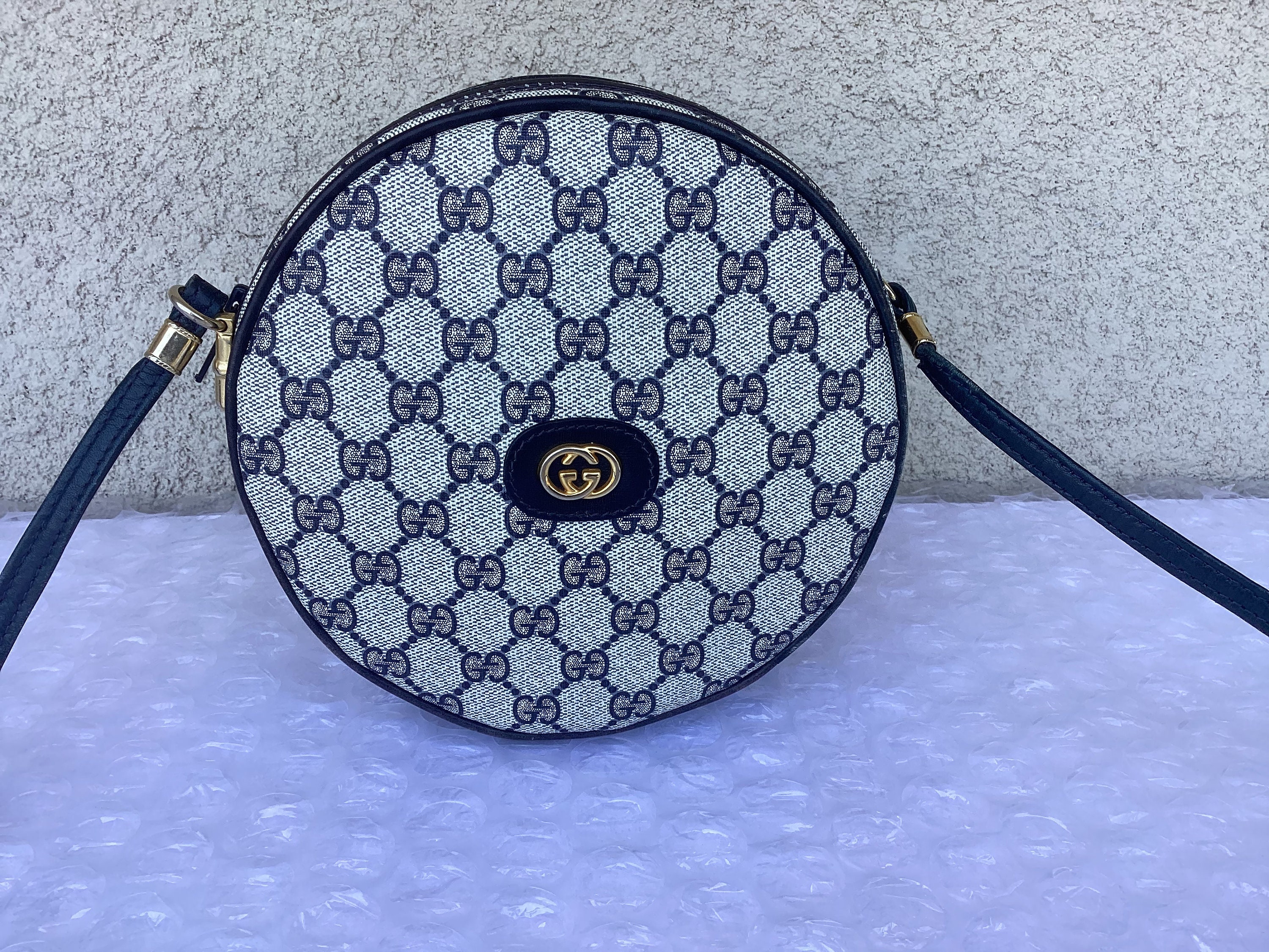 Old 1990s Vintage Gucci Round Canteen Bag Blue Micro GG -  Sweden