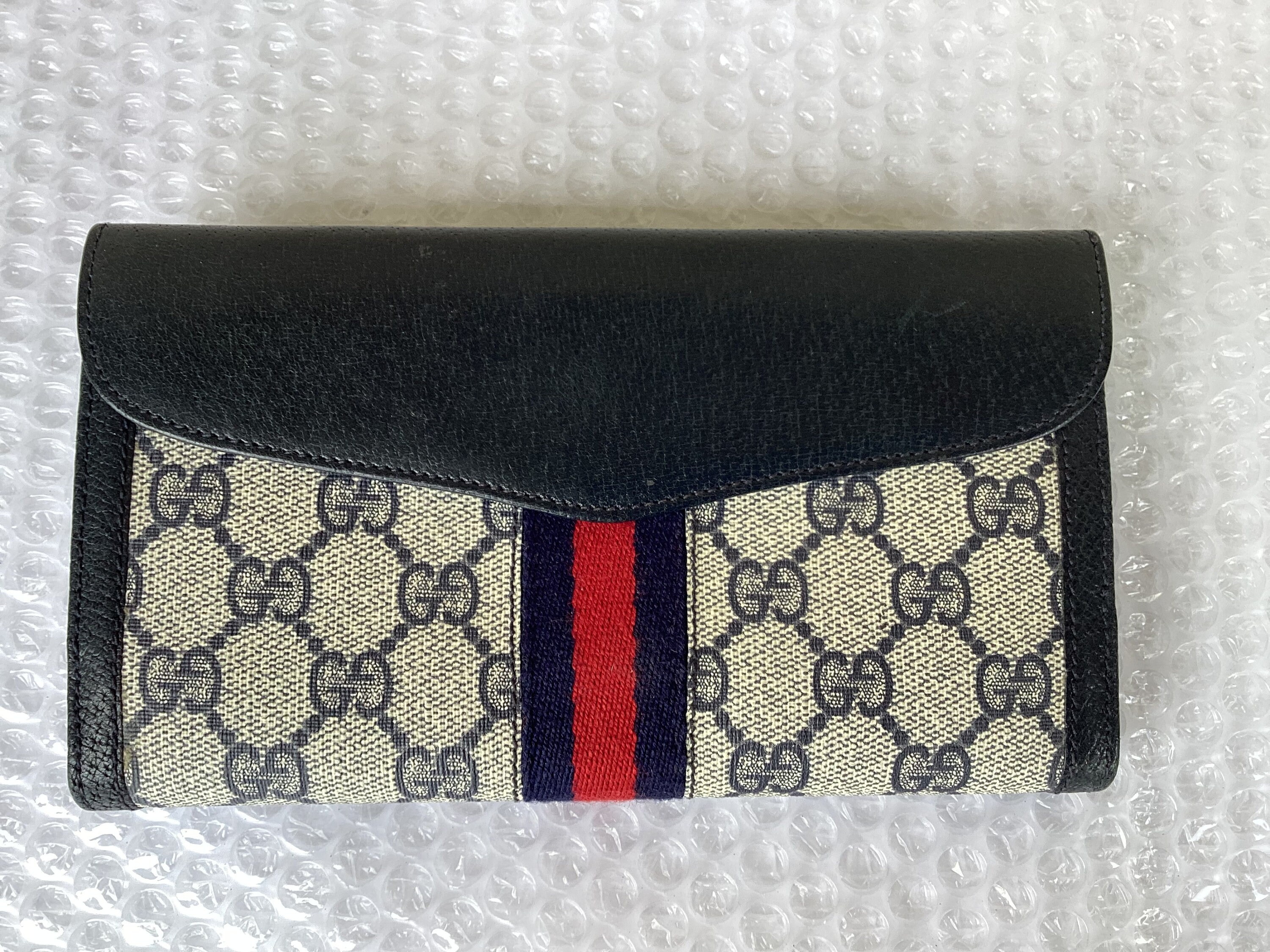 1990s Old Vintage Gucci Long Trifold Wallet Web Blue Canvas 