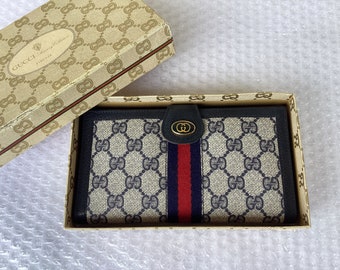 福袋安いいね半額ストア Long Gucci Vintage Old 1990's Trifold Canvas Blue Web Wallet バッグ