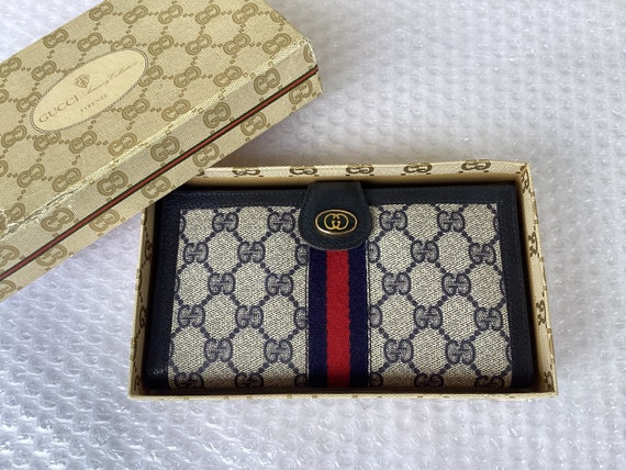 1990s Old Vintage Gucci Long Trifold Wallet Web Blue Canvas 