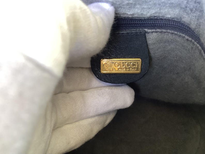 Vintage Gucci Crossbody Small Bucket Bag Drawstring Closure Blue Canvas Preowned Condition. image 9
